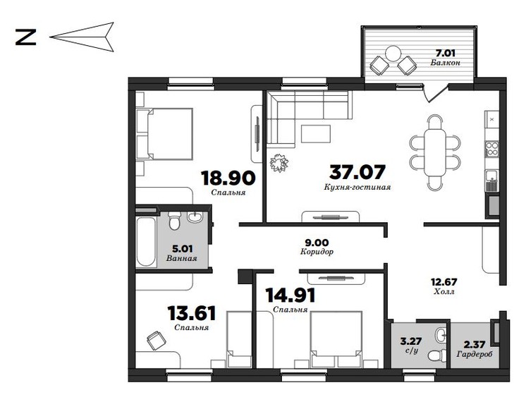 NEVA HAUS, 3 bedrooms, 120.32 m² | planning of elite apartments in St. Petersburg | М16